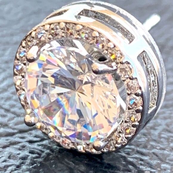 Men’s Cubic Zirconia Silver Tone Round Hip Hop Iced Out CZ Stud Earring Pair NEW - Picture 3 of 9